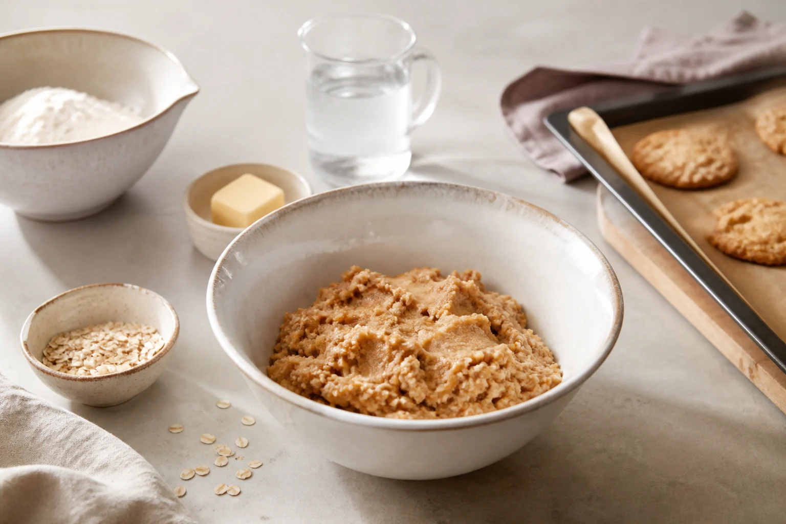 Skål med cookiedej ved siden af en bageplade med bagte cookies, mel og smør