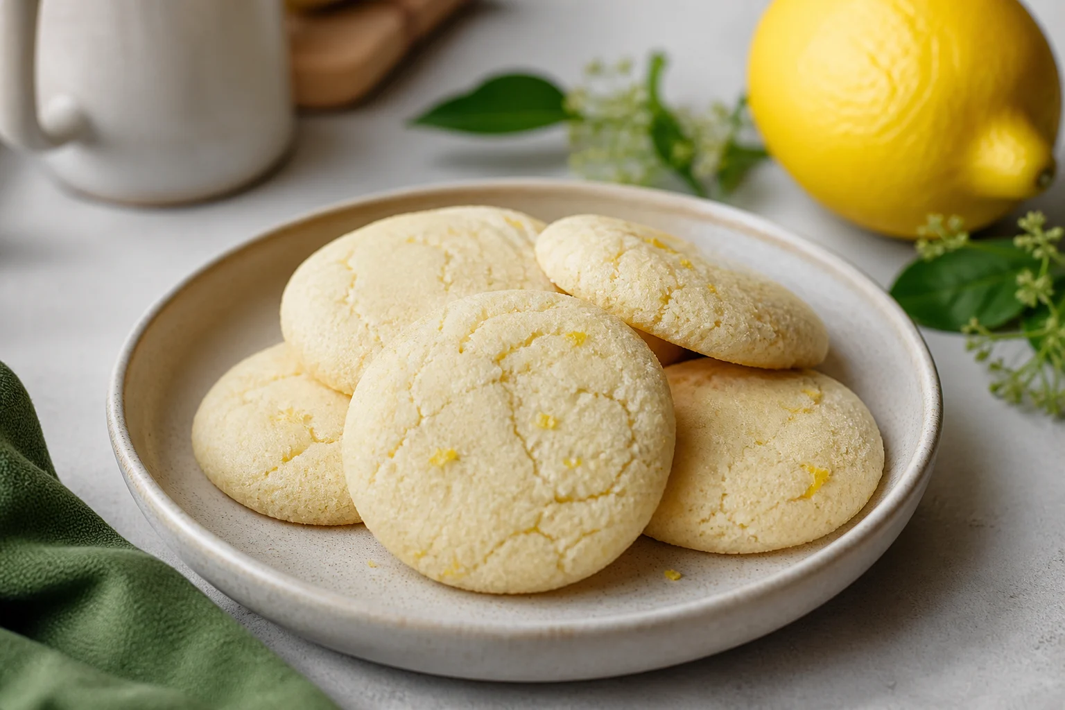 Lyse citroncookies med revnet flormelisoverflade på en tallerken ved siden af en citron