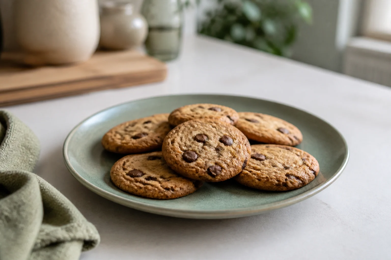 Seks chocolate chip cookies på en grøn tallerken, bagt i airfryer