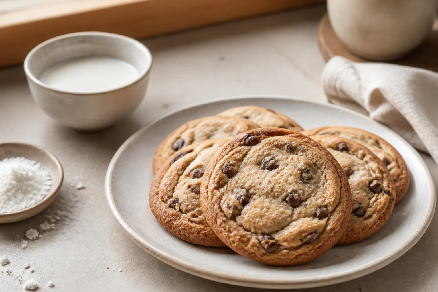 Chocolate chip cookies uden æg stablet på en tallerken ved siden af en lille kande mælk