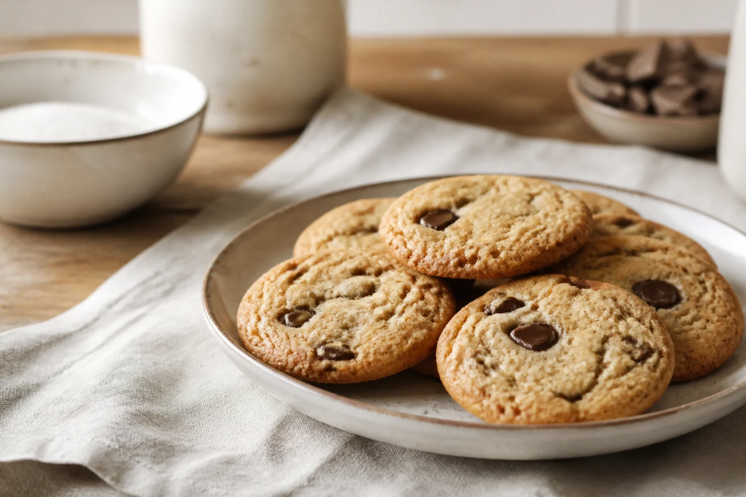 Lyse, gyldne cookies med chokoladestykker på en tallerken med en skål hvidt sukker i baggrunden