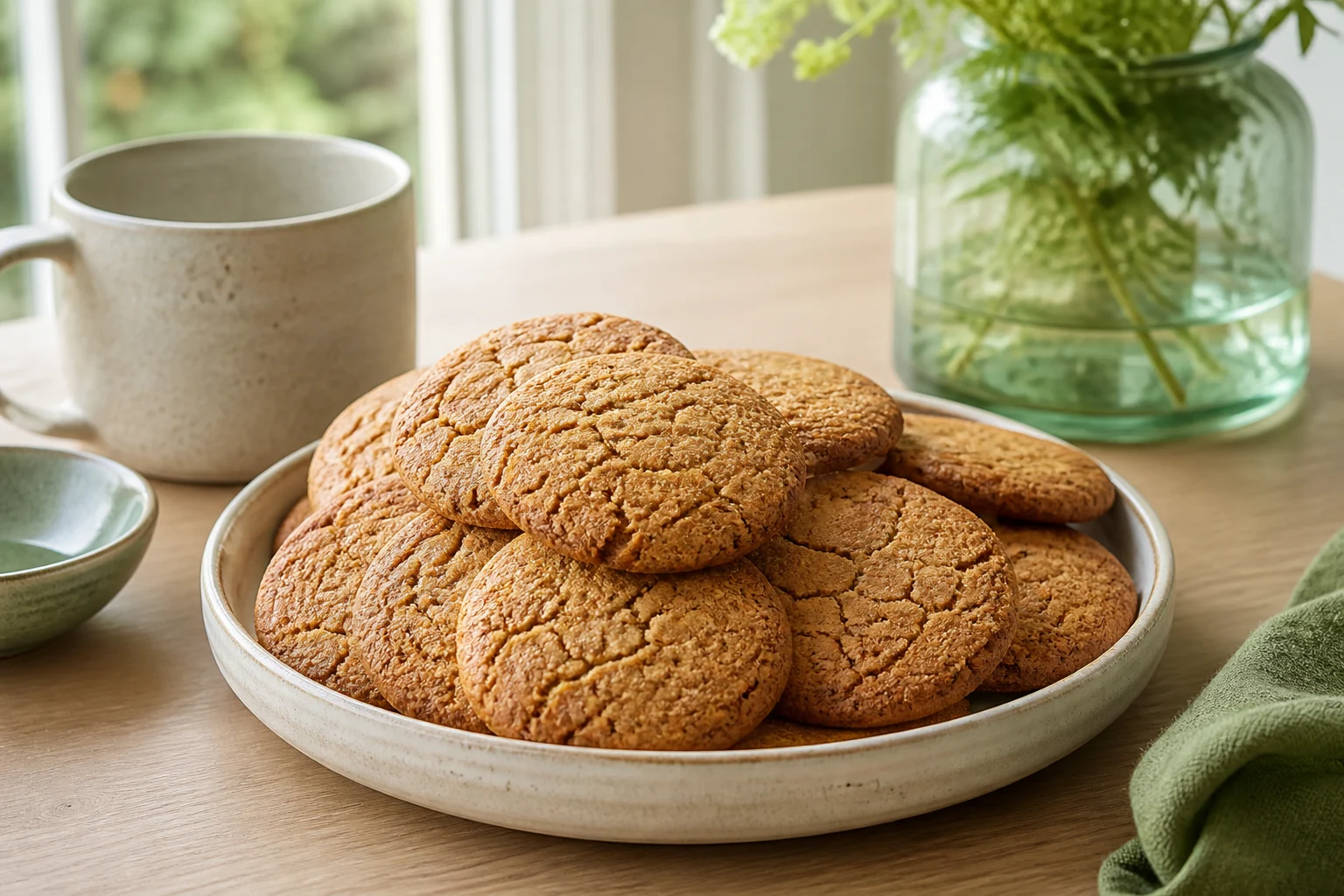 Krydrede ingefærcookies med revnet top i en skål på et bord med en kande