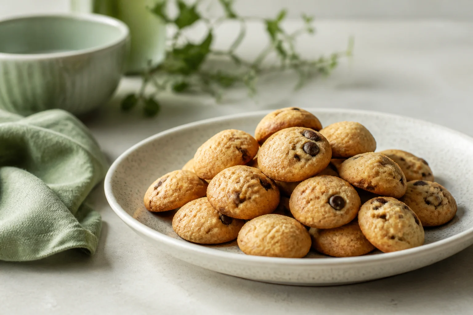 Mange små chocolate chip cookies samlet på en tallerken
