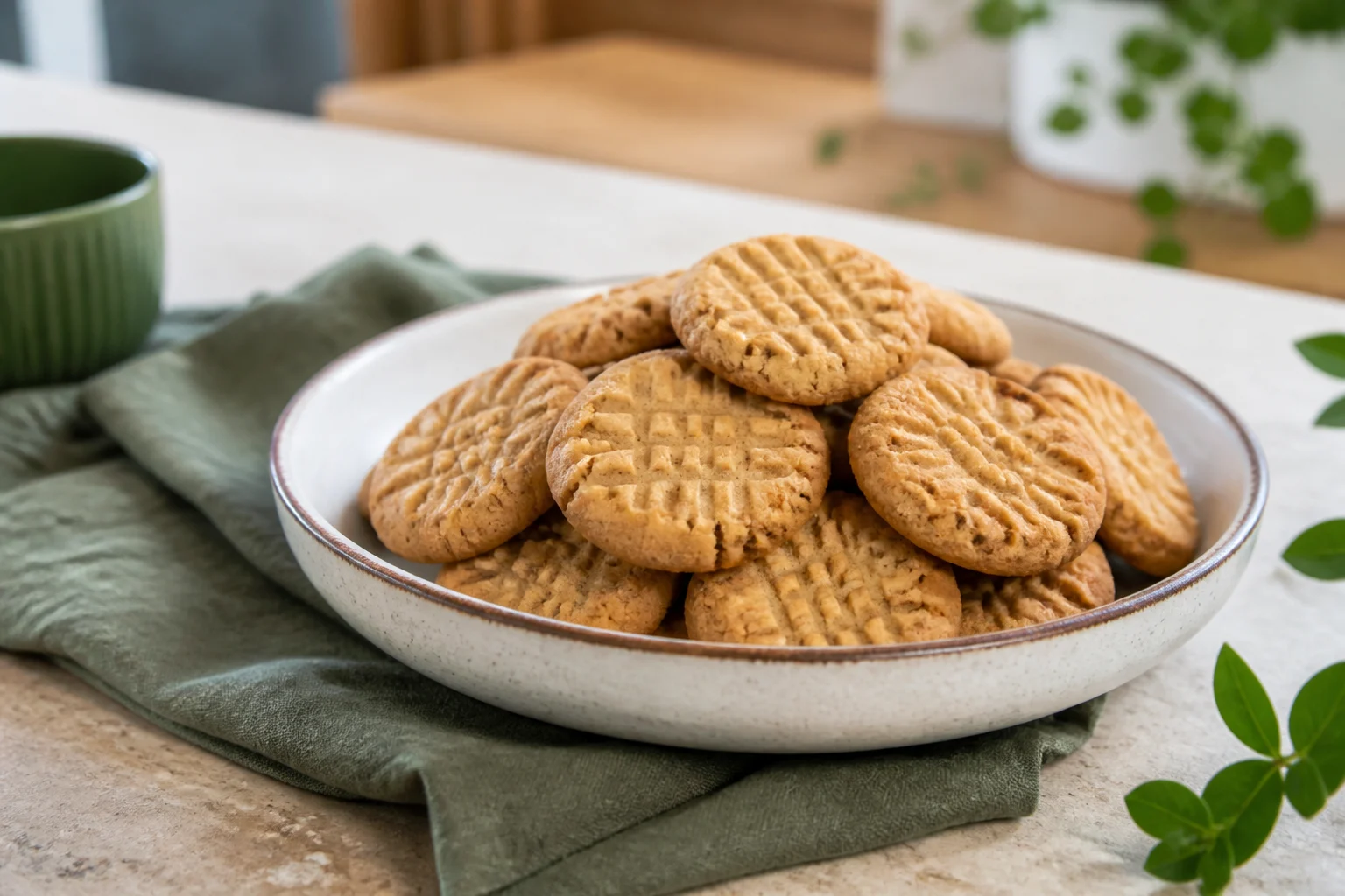 Peanutbutter cookies med krydsmønster fra en gaffel i en lys skål