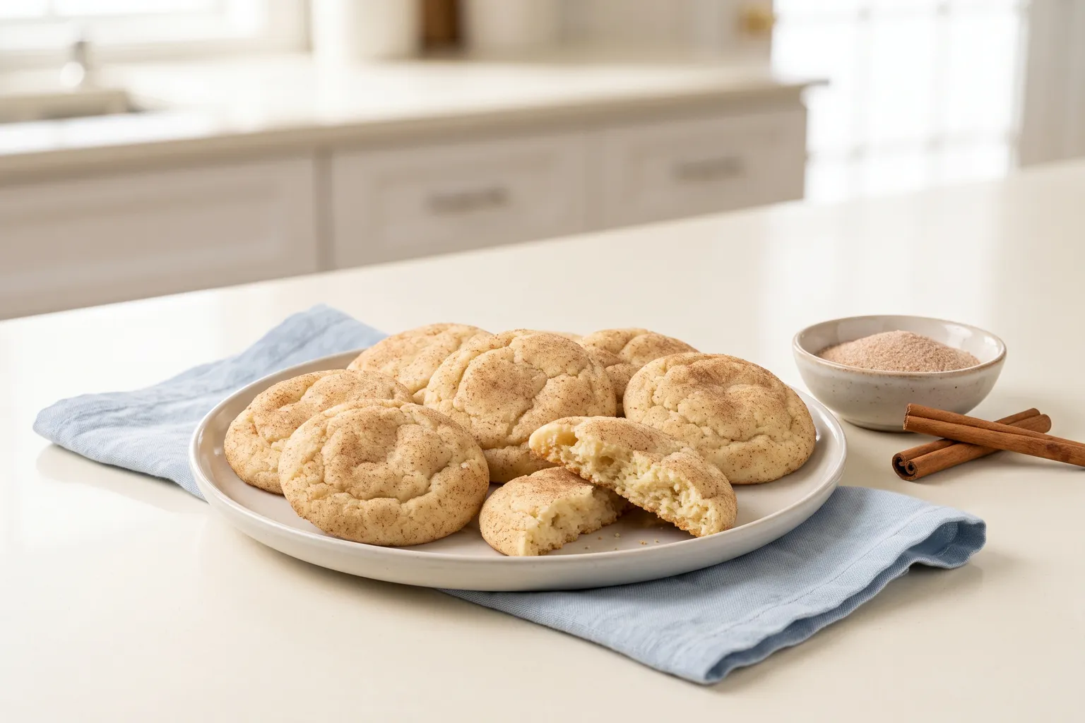 Bløde snickerdoodles med revnet top dækket af kanelsukker på en tallerken, én brækket over, kanelsukker og kanelstænger ved siden af